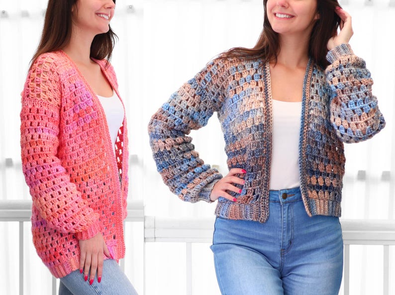 May include: Two open-front crochet cardigans. One is a gradient of pink and orange hues, the other features blue, brown, and beige tones. Both have long sleeves and a loose, open weave design, suitable for layering.