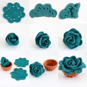 Op de afbeelding: Een stapsgewijze handleiding voor het haken van een turquoise succulent in een bruine pot. De afbeelding toont het proces van het haken van de bloem, bladeren en pot.