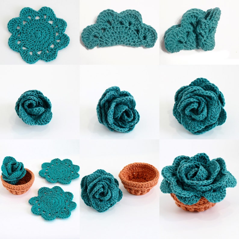 Op de afbeelding: Een stapsgewijze handleiding voor het haken van een turquoise succulent in een bruine pot. De afbeelding toont het proces van het haken van de bloem, bladeren en pot.