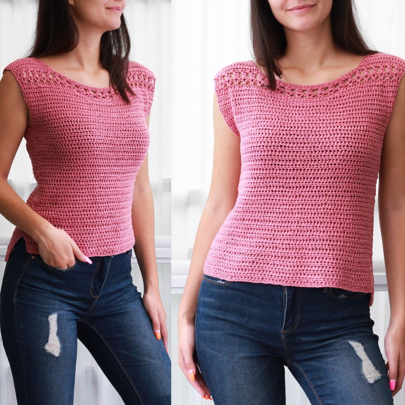 May include: A pink crochet top with a scoop neck and sleeveless design. The top is made with a simple stitch pattern and has a relaxed fit.