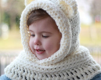Crochet pattern, Crochet hat, Patron crochet – Betty Bear Crochet Hooded Cowl Hood Hat  (12/18m - Toddler - Child – Teen- Adult), Halloween