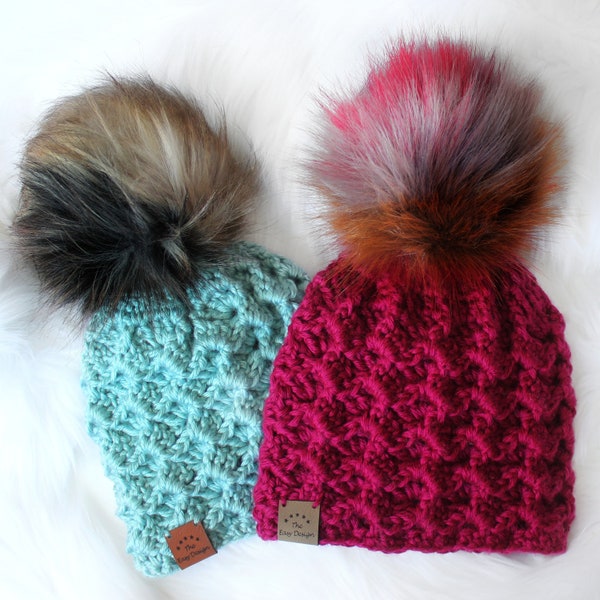 Easy Crochet pattern-Crochet hat– LUCY Beanie Hat Pattern-Textured Crochet hat PDF-Crochet beanie Pom Pom (Toddler- Child–Teen- Adult sizes)