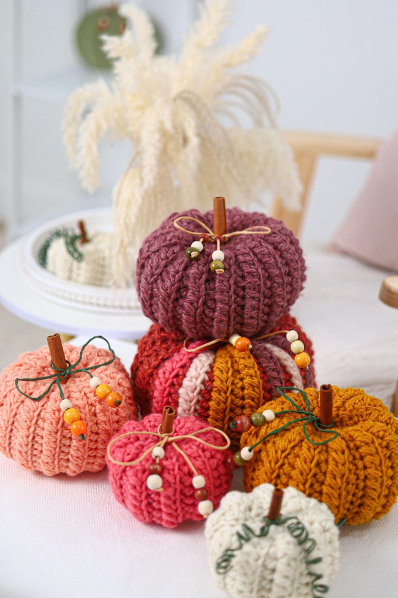 May include: A collection of crocheted pumpkins in various colors including plum, mustard yellow, pink, and cream. Each pumpkin features a cinnamon stick stem, a thin cord tied in a bow, and small wooden beads hanging from the cord as decorative accents.