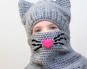 Crochet pattern pdf, Patron crochet,  Corey CAT SET / Set hat+cowl /toddler, child, teen, adult / Crochet hat cowl, 2 for1, Halloween