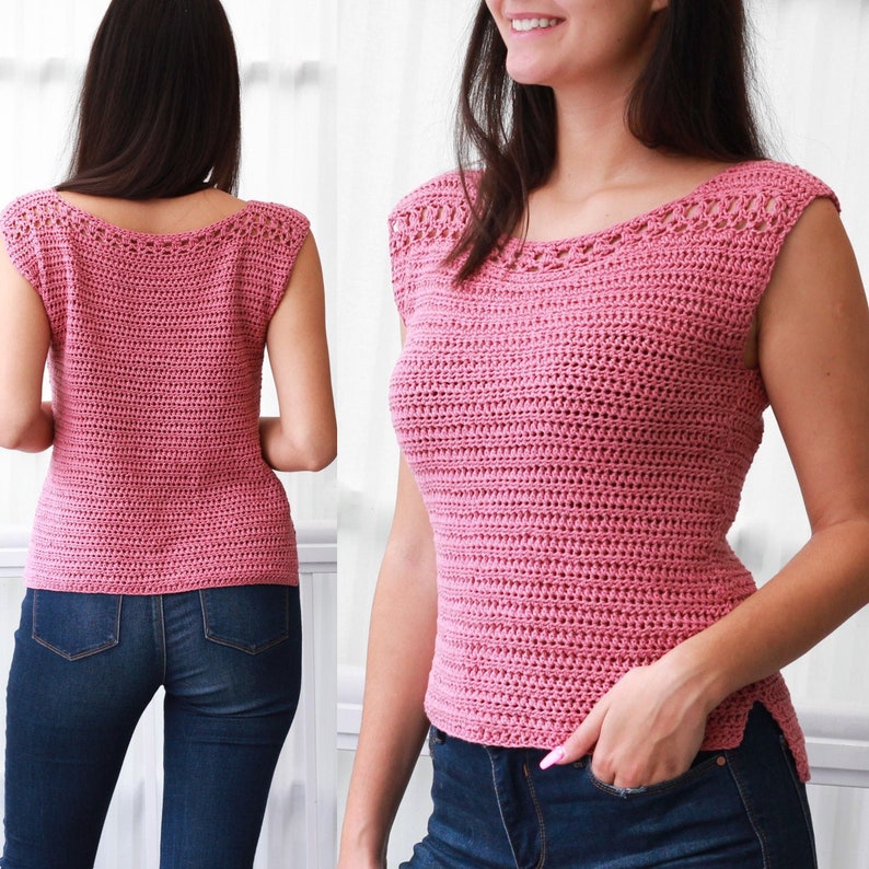 May include: A pink crochet top with a boat neck and sleeveless design. The top is made with a simple stitch pattern and has a relaxed fit.