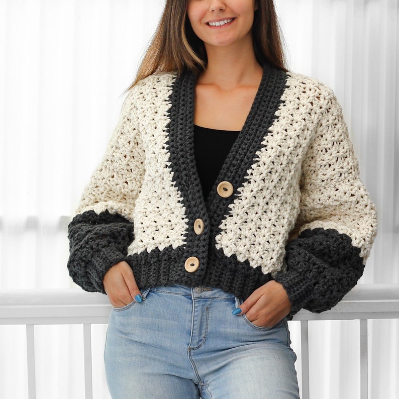 Crochet pattern-ADDISON Crochet cardigan pattern PDF-Women crochet pattern-striped pullover top-crochet color block cardigan-7 sizes XS-3XL image 1