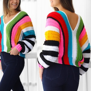 Crochet pattern EMILIA Crochet sweater pattern PDF-Women crochet pattern-colorful stripes oversize pullover long sleeve top-sizes XS-3XL image 8