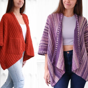 May include: Two crocheted cardigans, one in a solid orange color and the other in a striped purple and pink color. Both cardigans have a loose fit and are shown being worn by models.