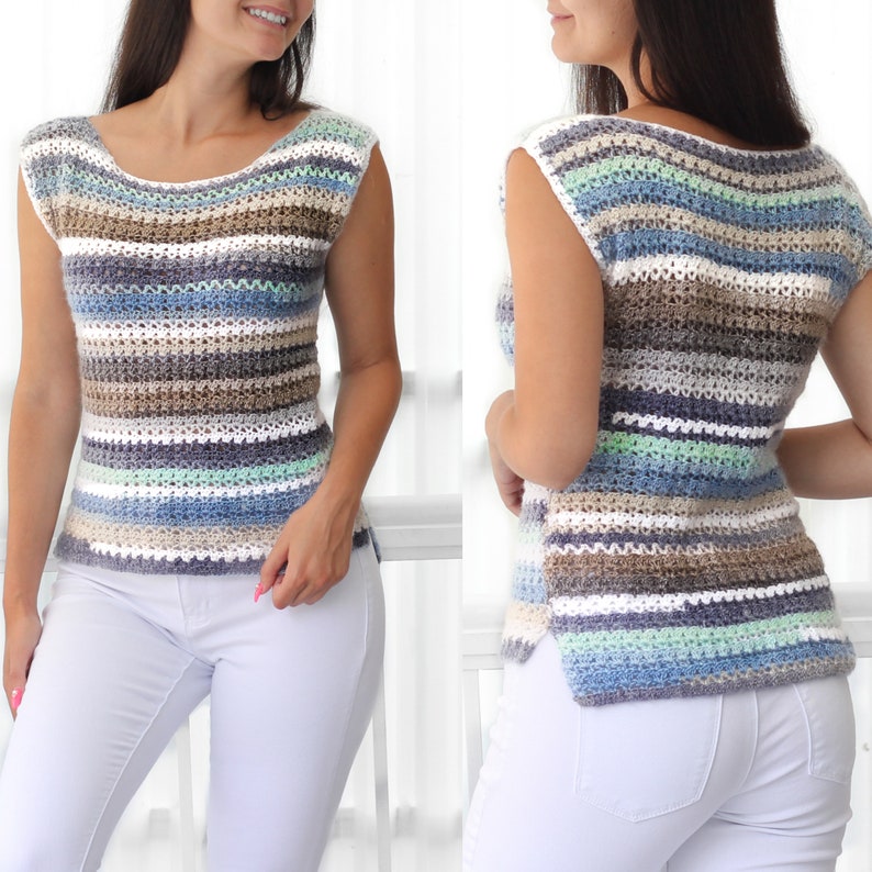 May include: A striped crochet top with a scoop neck and sleeveless design. The top is made with a variety of colors, including white, blue, brown, and green.