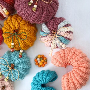 May include: A collection of crocheted pumpkins in various colors including plum, mustard yellow, teal, peach, and cream. Each pumpkin features a cinnamon stick stem, twine bow, and small wooden beads. A small container of loose wooden beads is included.