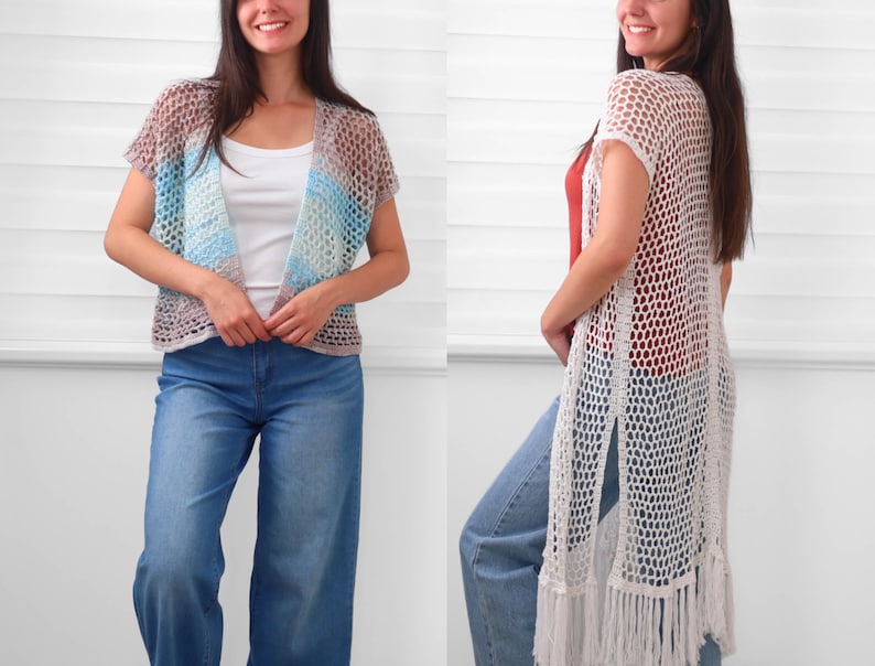 May include: A short-sleeved, open-front crochet cardigan featuring a multi-colored gradient pattern of brown, blue, and white, paired with a long, sleeveless, white crochet duster vest with side slits and a fringed hemline.