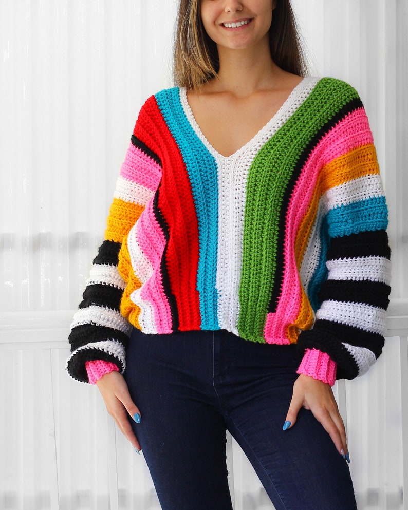 Crochet pattern EMILIA Crochet sweater pattern PDF-Women crochet pattern-colorful stripes oversize pullover long sleeve top-sizes XS-3XL image 2
