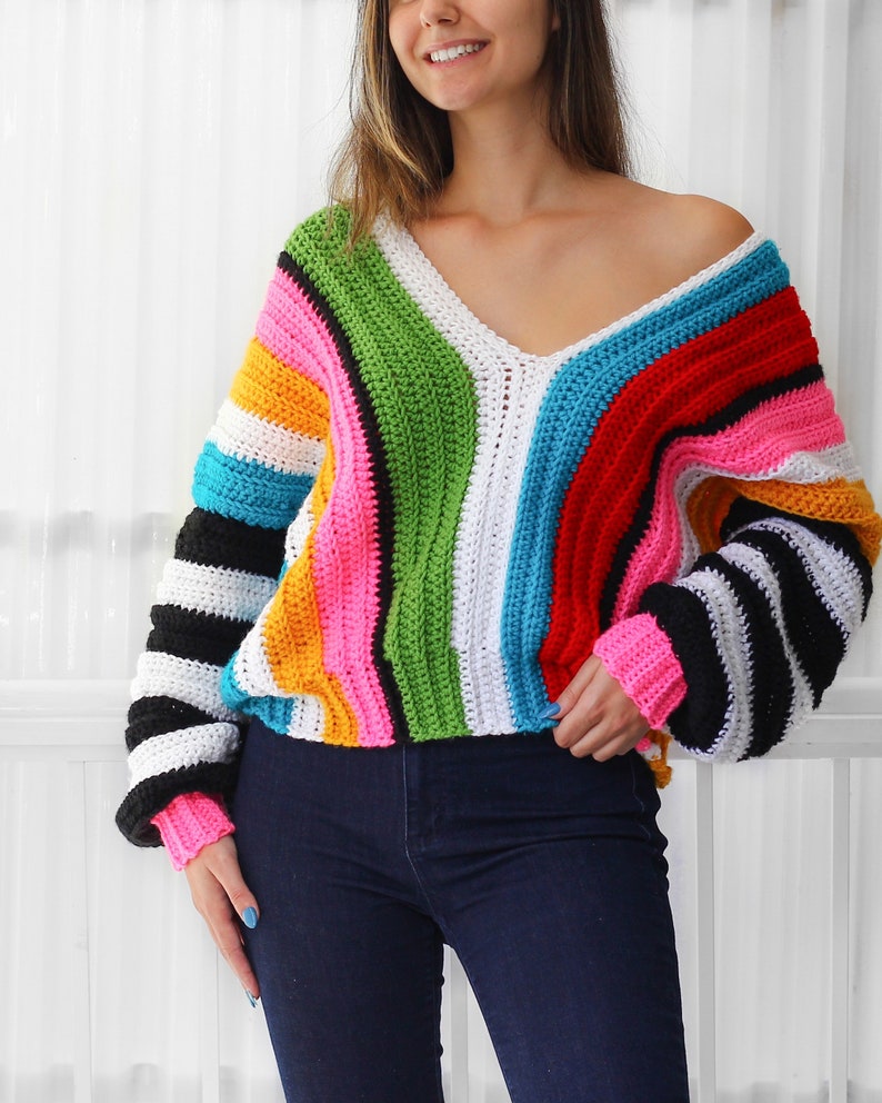 Crochet pattern EMILIA Crochet sweater pattern PDF-Women crochet pattern-colorful stripes oversize pullover long sleeve top-sizes XS-3XL image 7