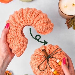 May include: A peach-colored crocheted pumpkin with a cinnamon stick stem and green twine tied with wooden beads. A dark green arrow points from a separate, curved peach-colored crocheted piece toward the assembled pumpkin.