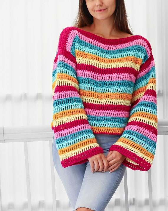 Crochet Pattern IRIS Crochet Sweater Pattern Pdf-women Crochet Pattern-colorful  Sweater Pullover Top Pattern Long Sleeve Top-sizes XS-3XL 