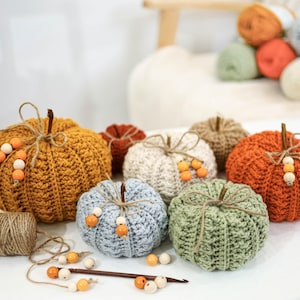 May include: A collection of handmade crochet pumpkins in various colors, including orange, yellow, white, and green. Each pumpkin has a twine stem and is adorned with wooden beads. A ball of twine and a crochet hook are also present.