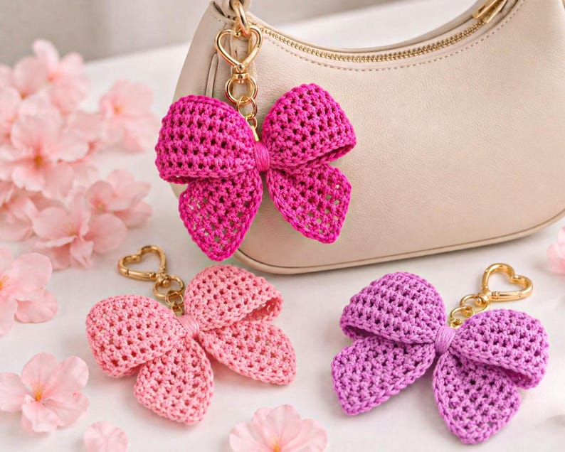 May include: Three crochet bow keychains in bright pink, light pink, and purple, each featuring a gold-toned heart-shaped lobster clasp. The bright pink bow is attached to a beige handbag, while the other two lie flat nearby.