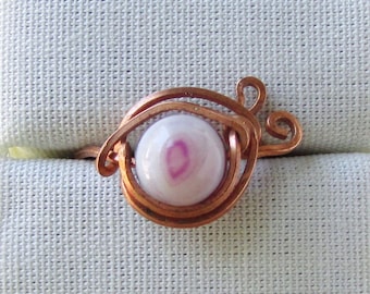 Purple Banded Amethyst Ring, Eye Bead, Copper Wrapped, Gift for Sister