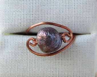 Purple Pearl Ring, Copper Wire Band, Girlfriend Gift Idea