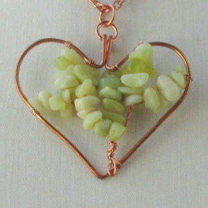 Light Green Peridot Jasper Heart Shaped Tree of Life Pendant, Reclaimed Copper Wire Wrapped, Boho, Gemstone Jewelry, Copper Anniversary Gift image 1