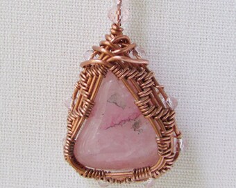 Best Friend Gift, Triangular Pink Gemstone Pendant, Copper Wire Wrapped Bezel