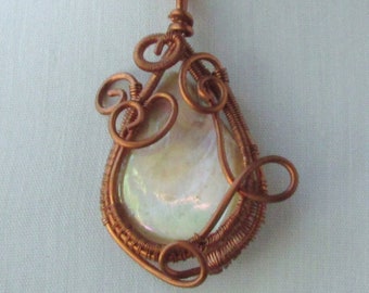 Recycled Copper Wire Wrapped Pendant, White Teardrop Shell, Bohemian Style Necklace for Women, Unique Gift Idea for Grandmother, Handmade