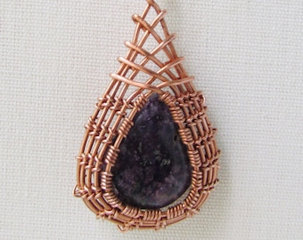 Dark Purple Teardrop Gemstone Pendant, Woven Copper Wire Setting, Memorable Gift for Best Friend