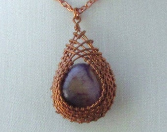 Unusual Purple Teardrop Gemstone Pendant, Copper Wire Wrapped, Gift Idea for Daughter, Inner Beauty Jewelry, Boho Chic