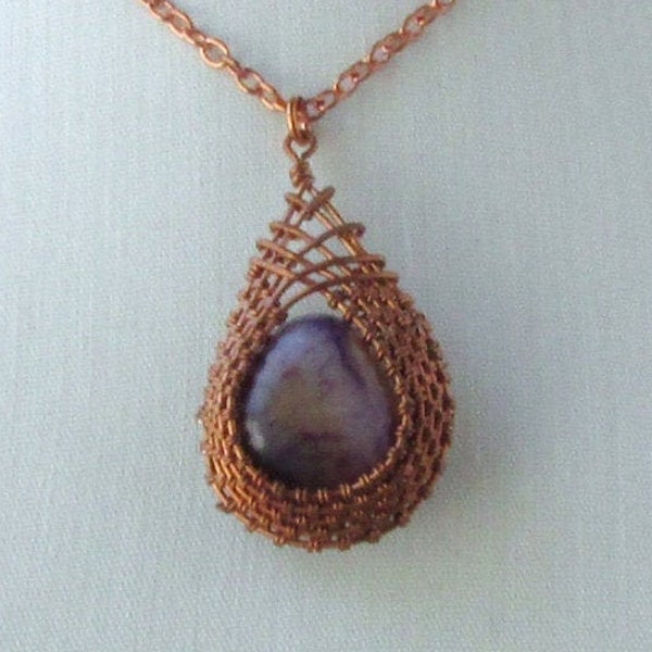 Unusual Purple Teardrop Gemstone Pendant, Copper Wire Wrapped, Gift Idea for Daughter, Inner Beauty Jewelry, Boho Chic