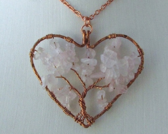 Rose Quartz Tree of Life Pendant, Large Heart Shaped, Natural Copper Wire Wrapped Jewelry, Thoughtful Handcrafted Gift for Women