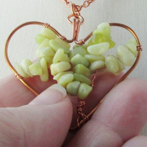 Light Green Peridot Jasper Heart Shaped Tree of Life Pendant, Reclaimed Copper Wire Wrapped, Boho, Gemstone Jewelry, Copper Anniversary Gift image 4