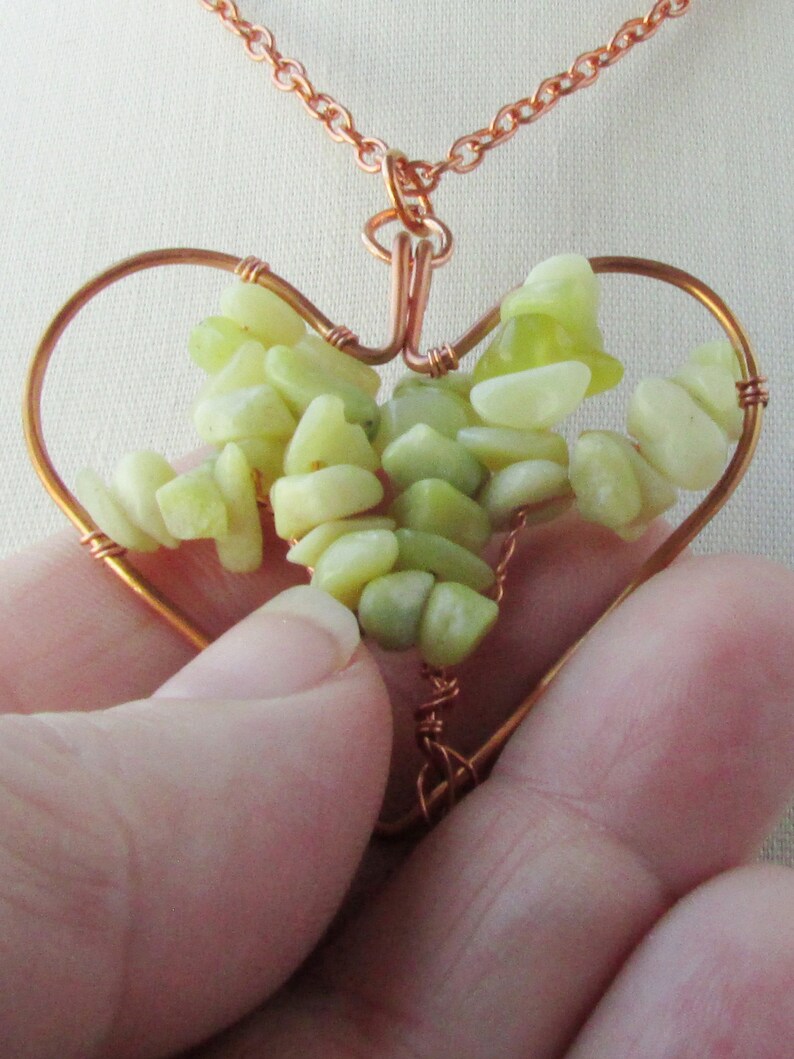 Light Green Peridot Jasper Heart Shaped Tree of Life Pendant, Reclaimed Copper Wire Wrapped, Boho, Gemstone Jewelry, Copper Anniversary Gift image 4