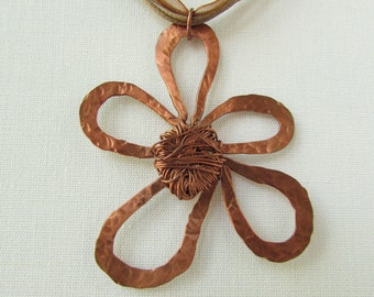 Hammered Copper Flower Necklace, Reclaimed Copper, 7th Anniversary Gift for Wife