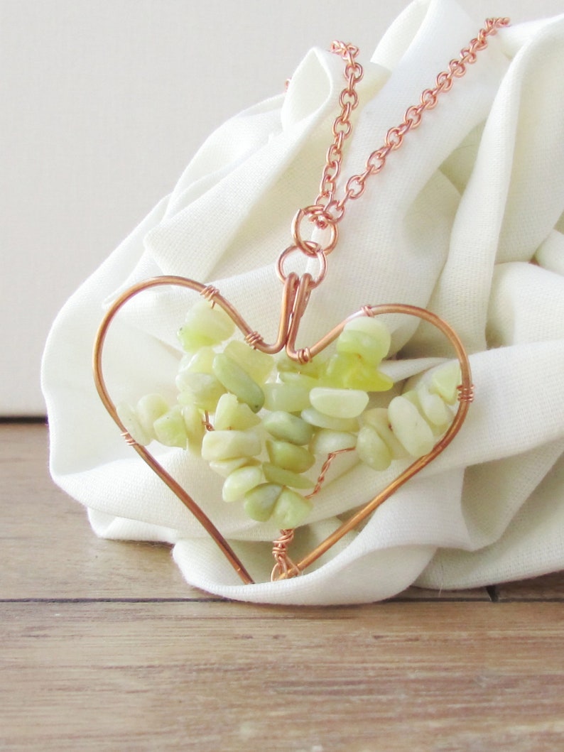 Light Green Peridot Jasper Heart Shaped Tree of Life Pendant, Reclaimed Copper Wire Wrapped, Boho, Gemstone Jewelry, Copper Anniversary Gift image 5