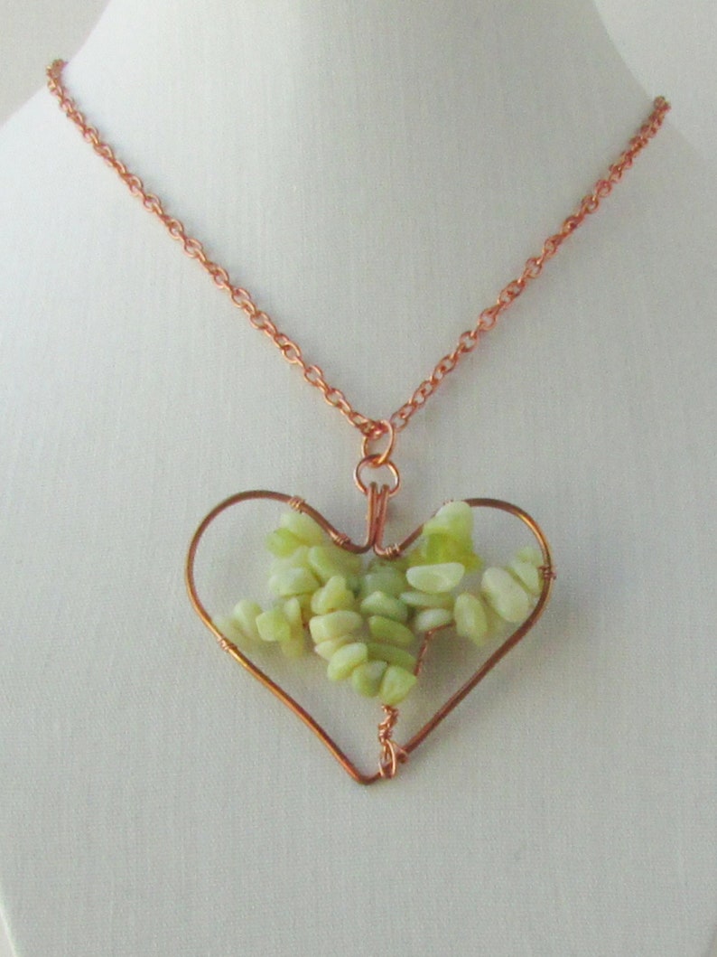 Light Green Peridot Jasper Heart Shaped Tree of Life Pendant, Reclaimed Copper Wire Wrapped, Boho, Gemstone Jewelry, Copper Anniversary Gift image 1