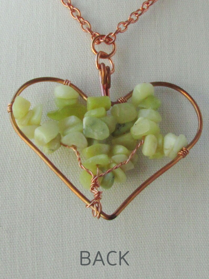 Light Green Peridot Jasper Heart Shaped Tree of Life Pendant, Reclaimed Copper Wire Wrapped, Boho, Gemstone Jewelry, Copper Anniversary Gift image 3