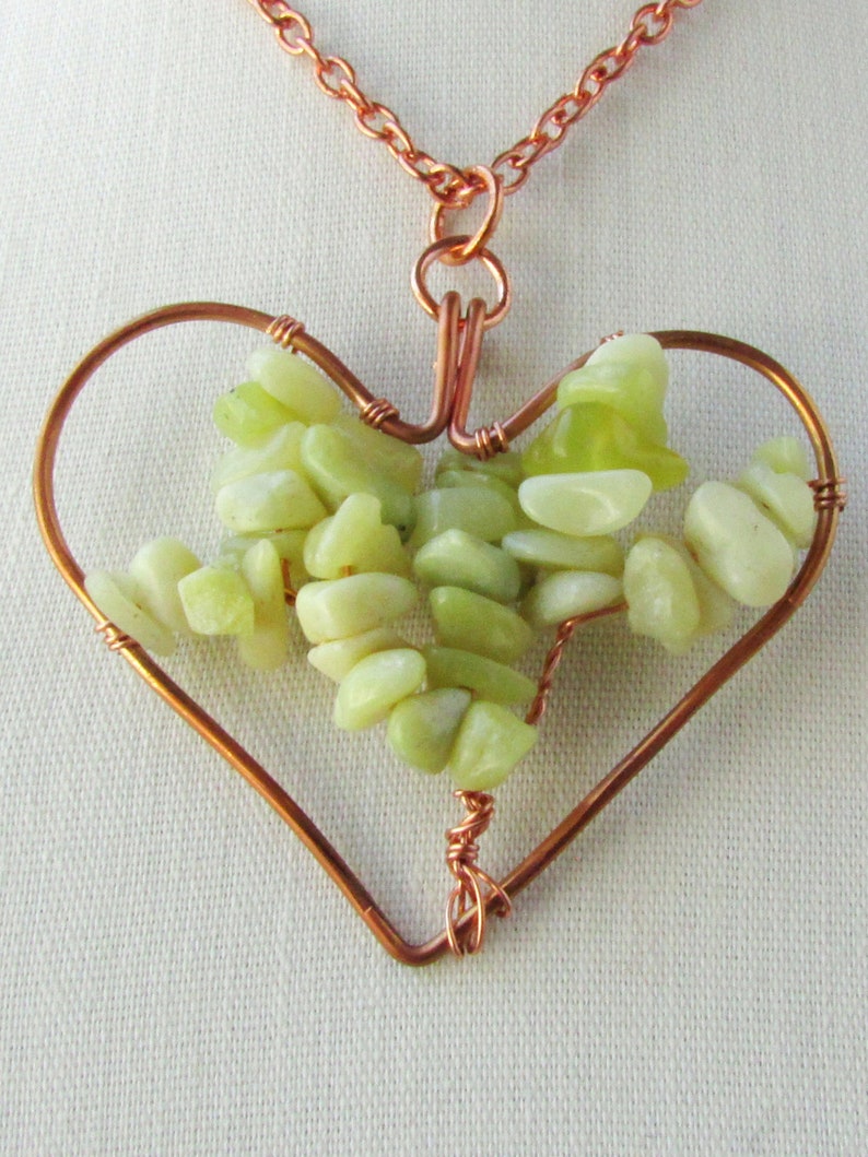 Light Green Peridot Jasper Heart Shaped Tree of Life Pendant, Reclaimed Copper Wire Wrapped, Boho, Gemstone Jewelry, Copper Anniversary Gift image 2