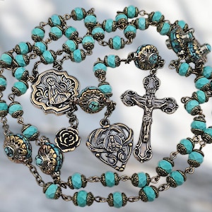 Lady of Lourdes &Sacred Heart of Jesus Heirloom Rosary-Heritage Bronze|Turquoise