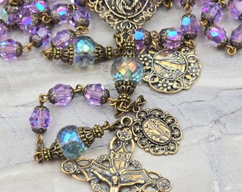 Crowned Mother Lourdes Miraculous Mary Amethyst Swarovski Crystal Bronze Rosary