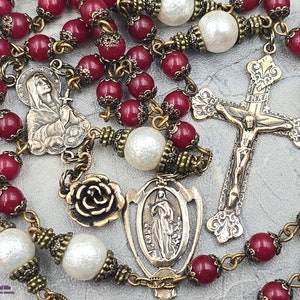 Immaculate Heart, Sacred Heart, Assumption Bronze Rosary -Red Quartz,Pearl Shell
