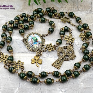 St Patrick Shamrock Irish Celtic Green Jade Bronze tone Rosary Longevity,Health, Happiness,Good luck, Prosperity