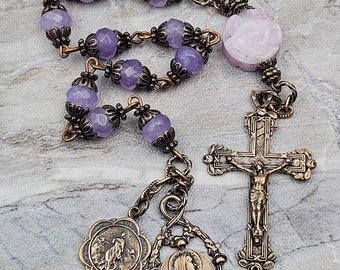 Virgin Mary Assumption Lavender Jade Lepidolite Vintage Bronze Ornate Chaplet