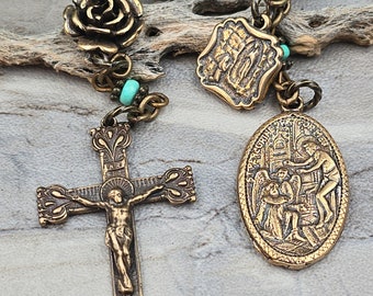 St. Peregrine, Lourdes & Mary 3-Bead Pocket Cancer Chaplet - Bronze, Turquoise