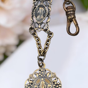 Miraculous Mary & Rosa Mystica Erbstück Kranz - Bronze | Schlüsselanhänger | Taschenclip
