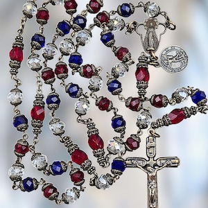 Miraculous Mary & Michael Patriotic Heirloom Rosary |Bronze|Red White Blue Glass
