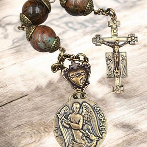 Archangel Michael & Lourdes Heirloom 3 Hail Marys Chaplet - Bronze | Chrysoprase