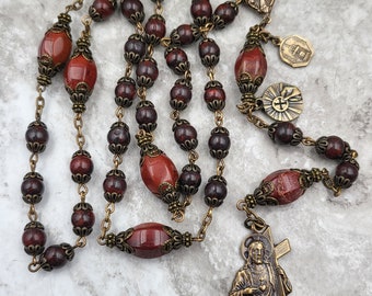 Chaplet of the Sacred Heart of Jesus Carrying the Cross Bronze Red Jasper