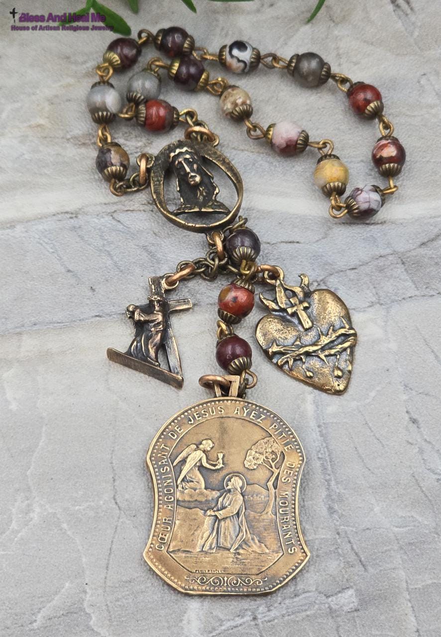 Fifteen Secret Tortures and Sufferings of Jesus Red Agate Vintage Bronze Chaplet