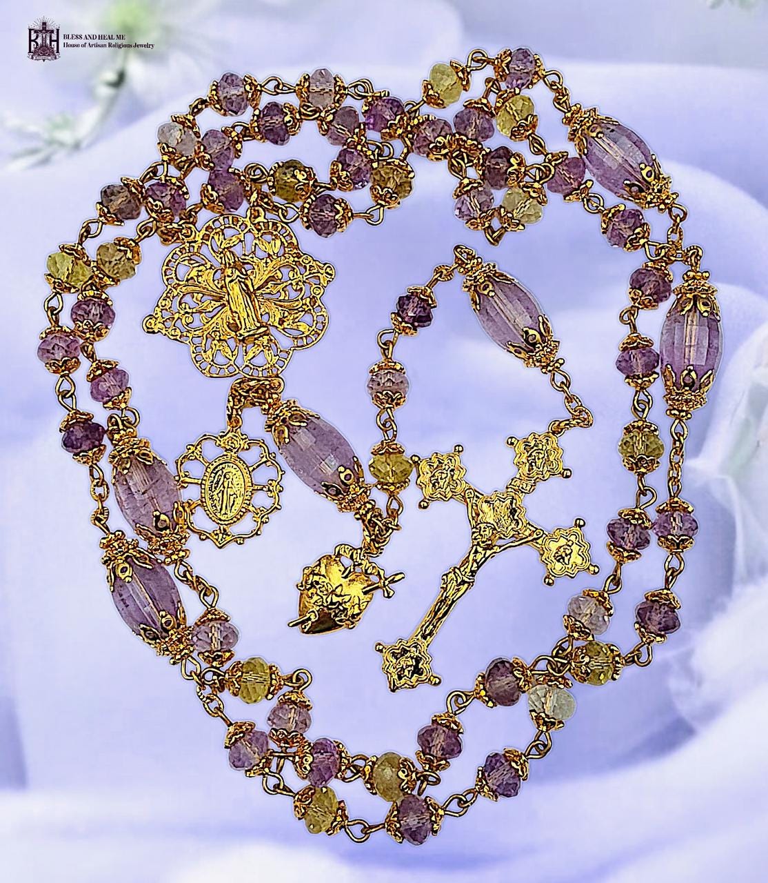 Lourdes, Miraculous Mary Rosary| 18k Gold on Sterling Silver Medals | Ametrine