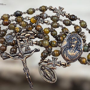 Crown of Thorns & Miraculous Mary Heirloom Rosary | Heritage Bronze| Pietersite